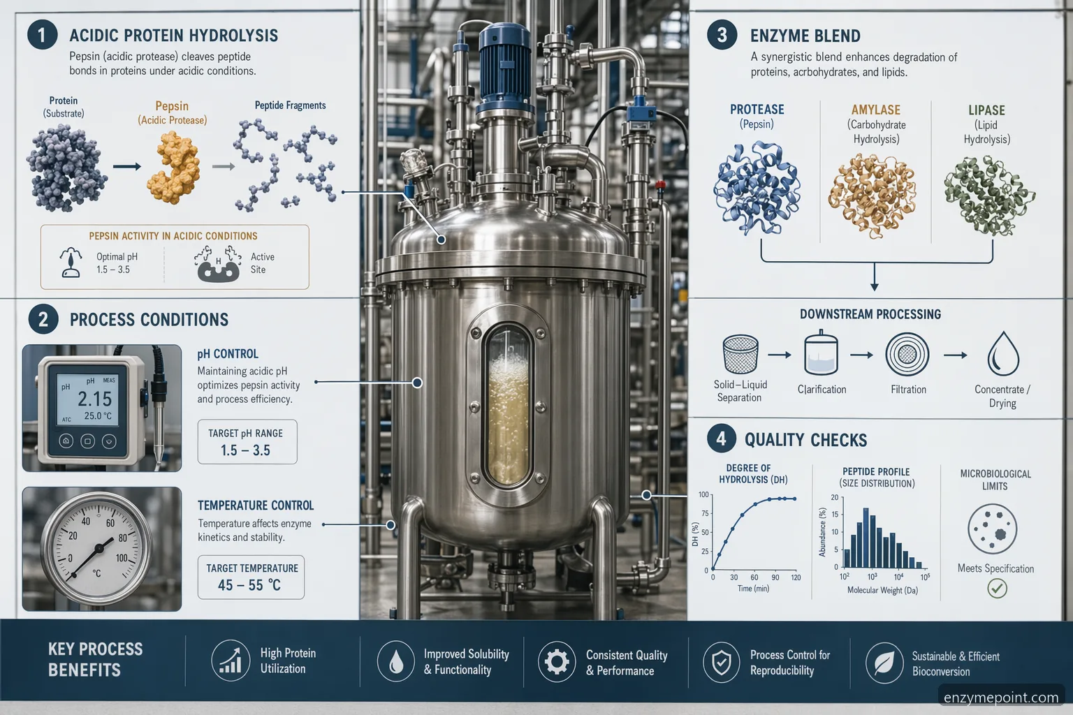 Verdauungsenzym-Formel mit pepsin, protease, amylase und lipase a: Hydrolyse-Workflow mit pH- und Mischprüfungen