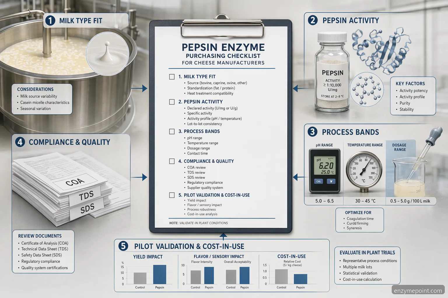 pepsin enzyme for cheese purchase kontrolinis sąrašas su pieno tinkamumu, krešėjimu, COA dokumentais ir savikaina
