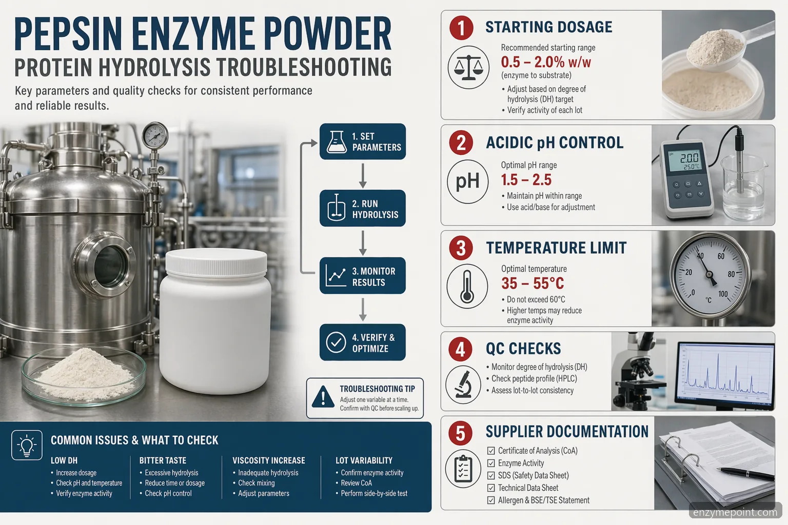 Pepsin enzyme pulver fejlfinding infografik med dosering, sur pH, temperatur, QC og leverandørkontrol
