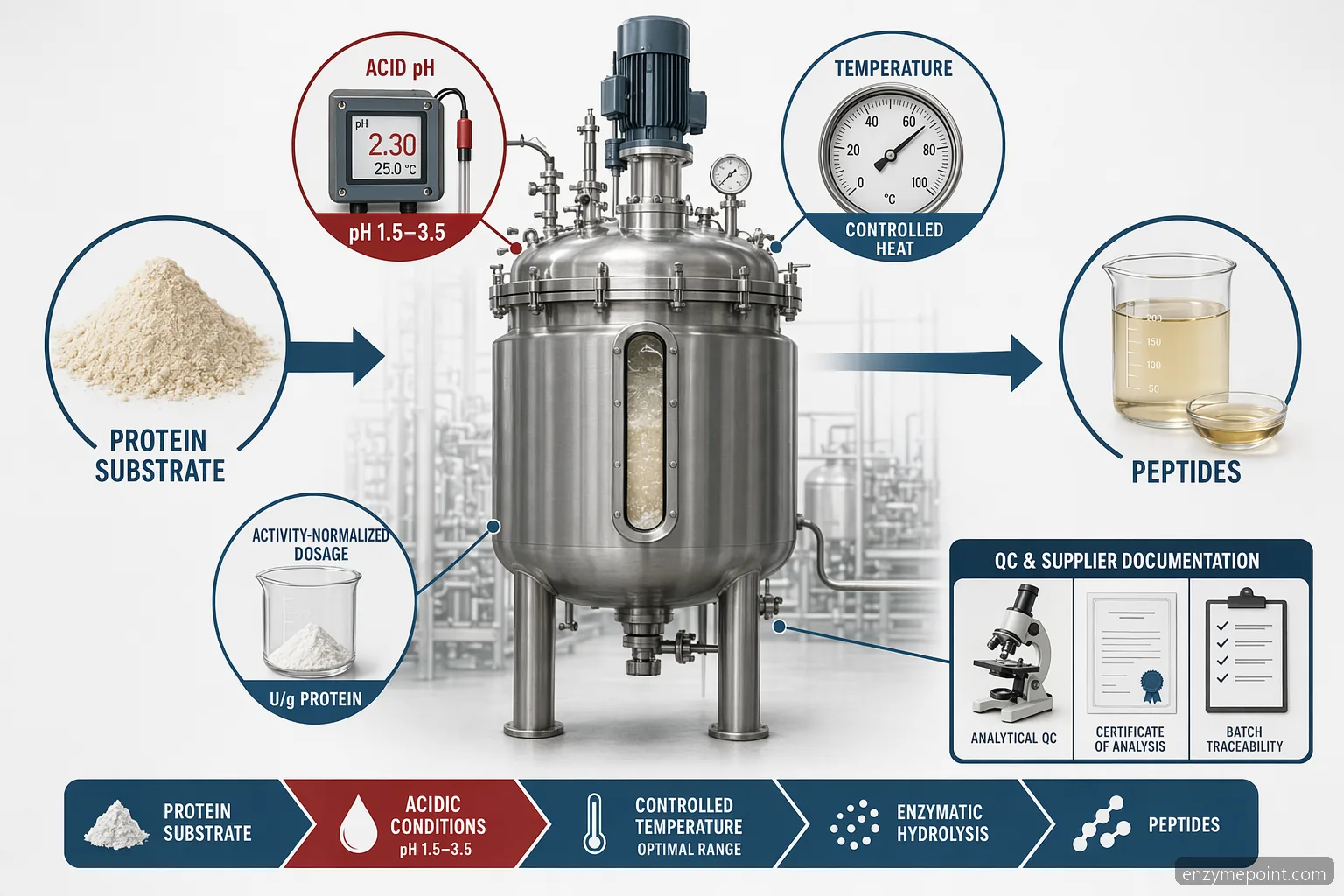 pepsin for protein hydrolysis dozavimo, pH ir temperatūros apžvalga su rūgšties kontrole, dozavimu, QC ir tiekėjo patikromis